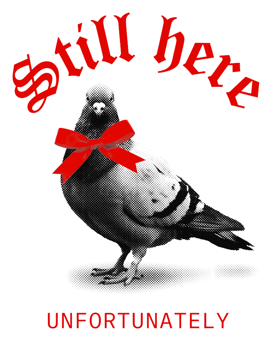 Halftone pigeon wearing a red ribbon bow